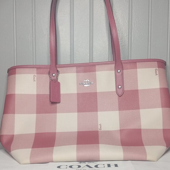 Coach City Red Buffalo Plaid Print PVC & Leather Zip Top Tote - Picture 3 of 15